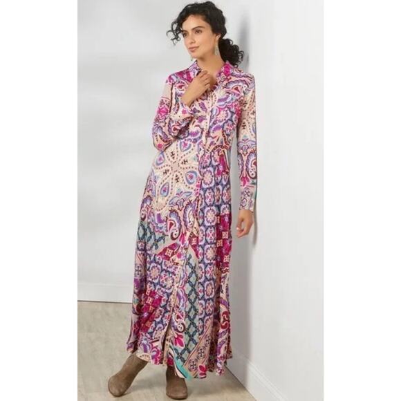 Soft Surroundings Palmero Maxi Dress Floral Fuschia Soho Shirtdress Pink Gold PS - Picture 2 of 9